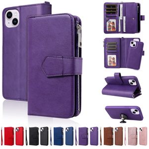 Capas de carteira de couro com zíper multifuncional para iphone 15 plus 14 13 mini 12 11 pro max xr xs x 8 7 6 suporte de carro flip capa comercial removível bolsa de telefone móvel removível