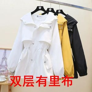 Women's Trench Coats 2022 Spring And Autumn Windbreaker Women's Mid-Length Loose Waist Thinner Hooded Jacket Clothing Lining Coat L281