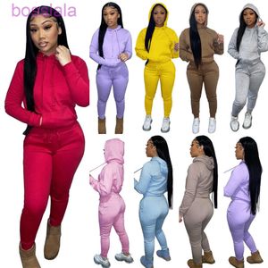 Autumn Winter Women Hooded Tracksuits 2 Pieces Set Designer Plush Drawstring Pullover Sweatpants Sweatsuits 15colors