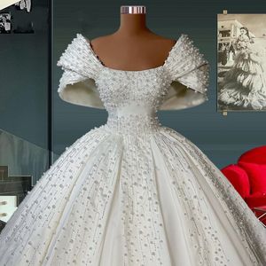 Ball Gown Wedding Dresses Capped Sleeve Beaded Satin Crystals Luxury Formal Bridal Dress Custom Made Saudi Arabic 2023 Vestidos Noiva Mariage