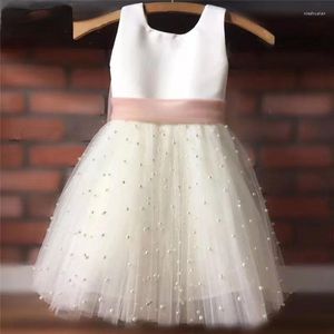 Mädchen Kleider Kinder Perlen Tüll Mädchen Festzug Kleid Gürtel Blume Chiffon Schleife Erstkommunion Kleine Prinzessin