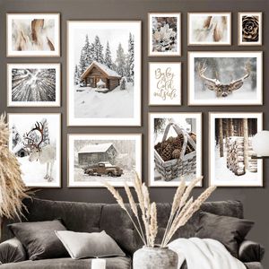 Wandkunst Landschaft Leinwand Malerei Winter Schneehaus Kiefern Baumblatt Rentiere Nordische Plakate und Drucke Wandbilder für Wohnzimmer Dekor rahmenlos