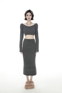 Women's v-neck knitted crop top sweater and midi long pencil skirt twinset two piece dress suit SMLXL