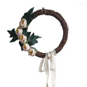 Decorative Flowers Handmade Artifial Camellia Wreath Shabby Chic Farmhouse Party Decorated Wall Hangings Almond