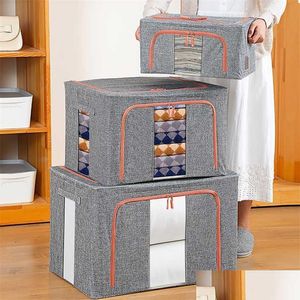 Storage Boxes Bins 3D Storage Box Household Oxford Cloth Portable Quilt Case Foldable Steel Frame Clothes Container Large Wardrobe Dhmo0