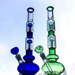 Dubbel 4 armtr￤d perc glas bongs vattenpipa gr￶na bl￥ h￥rda vattenr￶r raka r￶r bong 18mm fog olje dabb riggar b￤ger bong med diffus downstem sk￥l