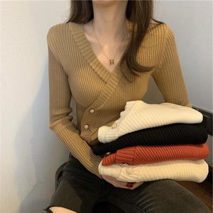 Пуловер нерегулярная пряжка вязаная женское свитер сексуальный V nece осень с длинным рукавом Элегантные стильные шикарные женские топы