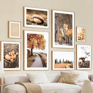 Klasyczne malowanie figurek jesień pole dynia żołędzie lis rodzina wydruki artystyczne obraz na płótnie zdjęcia plakaty do wystroju wnętrz dekoracja salonu bezramowe