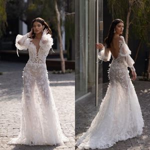 Backless syrenka koronkowa sukienka ślubna 3D Kwiat z długim rękawem Lian Rokman Bridal Suknie