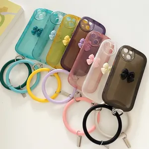 Fashion Simple Crystal Clear Soft TPU Custodie in silicone Gel di gomma Cover antiurto con fiocco Cordino Cinturino da polso per Iphone 14 13 12 11 Pro Max XR XS Max 8 7 6S Plus