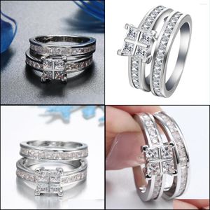 Anéis de casamento anéis de casamento duas bandas conjuntos de princesas cortadas anel de noivado de zircão de zircon para mulheres vintage fine jewellry wholesaleweddi dhyts