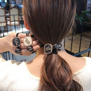 Ins Pony Tails Holder Black Rubber Band Hair Coil Temperament Beads Tie Hair Rope Women Korean Style Fashion Jewelry BR061