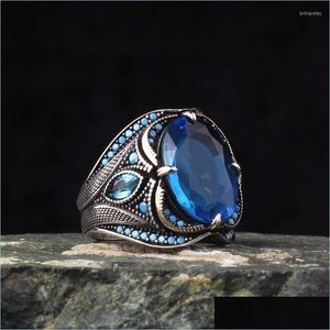 Fedi nuziali Fedi nuziali Vintage ovale intarsiato blu zircone cristallo Uomo Retro Sier Color metallo intaglio gioielli punk matrimonio Brit22 Dr Dhjse