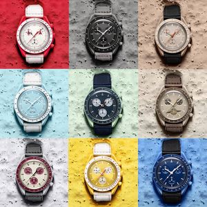 Herrklockor av högkvalitativ bioceramisk planet Moon Watch Full Function Quarz Chronograph Movement Watches Watertproof Luminous Leather Strap Wristwatches With Box