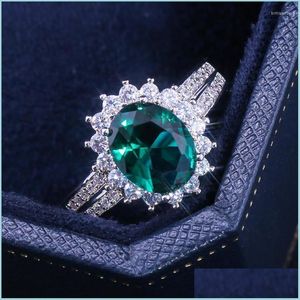 Fedi nuziali Fedi nuziali Huitan Serie di piante romantiche Anello di fidanzamento in stile Euro vintage a forma di fiore di lusso con verde brillante S Dhnvp