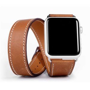 Dubbel turnérem för Apple Watch 45mm 41mm 44mm/40mm 42mm/38mm läderklockarmband iWatch Series 5 4 3 SE 6 7 Band