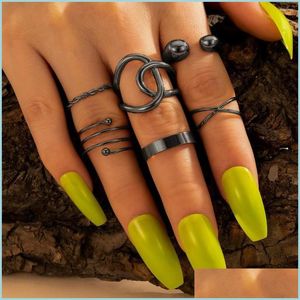 Anelli a grappolo Anelli a grappolo Apertura nera gotica per le donne Punk Intersezione geometrica Midi Finger Knuckle Anello in lega Set Moda Je Dhpwh