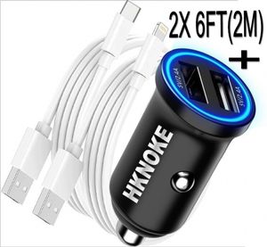 HKNOKE Caricabatterie per accendisigari USB 4.8A Adattatore per presa rapida Caricabatteria per auto per iPhone con cavo da 2 M 6 piedi per telefono cellulare