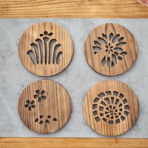 Maty stołowe 4-częściowy zestaw kreatywne drewniane kubki okrągłe oporne na biurę mat wysokiej jakości rzeźbione kubki miski herbaty miski