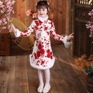 Ubranie etniczne zima bawełniana sukienka lniana qipao dzieci chińskie piękne tang garnitury dziewczęta bawełniane ubrania dzieci Cheongsam