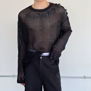 Summer Men's T-shirts Personality Perspective Mesh Round Neck Long Sleeve Fashion Leather Loop Design Casual Male Tops