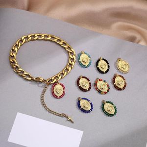L￤nkarmband Hecheng Multicolor Stone Virgin Maria Armband Rostfritt st￥l 18K Pl￤terad Cross Christ Jewelry Wholesale