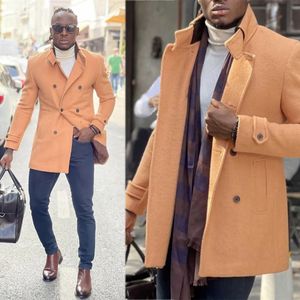 Kış erkek yün smokin paltolar kısa ceket parlak turuncu damat partisi balo palto iş kıyafeti tek parça