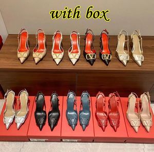 Designer Women Sandals High Heel Shoes Genuine Leather Metal V Buckle Summer New Pointed Toe Thin Heels cm cm cm Single Shoes with Box Size