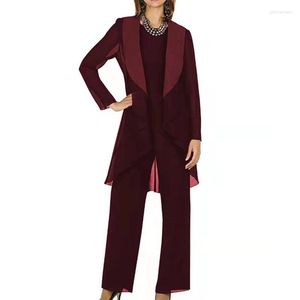 Pantaloni a due pezzi da donna Abiti per la madre della sposa Elegante chiffon grigio bordeaux maniche lunghe 2022 Tailleur pantalone 3 pezzi Taglie forti Matrimonio