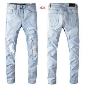 Amrii Ripped Designer Y2k Mens Brand High Street Blue Hole Jeans Men Patch Slim Elastic Denim Pants Price Skinny Low Waist Scratch Cross Mid
