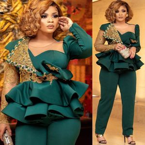 Lace stain Jumpsuits Prom Dresses Hunter Green Arabic Aso Ebi Peplum Beaded Crystals Evening Second Reception Pant Suit Gown