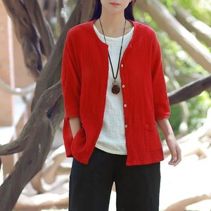 Women's Knits Chinese Style Summer Women Cotton Cardigans Casual Loose Thin Coat Chic Cardigan Solid Three Quarter