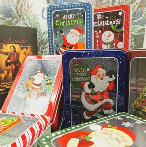 Fast Ship Cute Pattern Christmas Tin Boxes Gift Packing Box Children Candy Cookie Package Santa Claus Snowman Design Metal Storage Rectangle Case Xmas Favor Decor