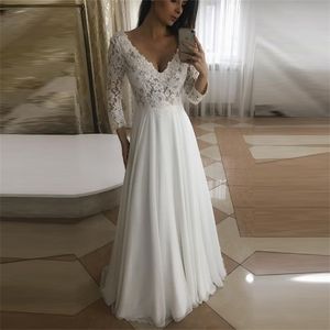 Long Sleeves Beach Wedding Dress Lace Chiffon Wedding Gown A-line V-neck Floor Length Bridal Dresses Vestido De Novia