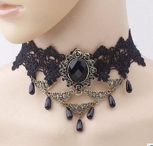 Girocollo con gemma vintage, collana con catenina con perline di pizzo nero sexy, stile Steampunk, collare da donna, cena, ballo, gioielli