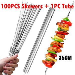 BBQ Tools 100 50pc Stainless Steel Skewer Flat Barbecue Skewer Needle Stick Garden Outdoor Camping Grill Accessories Gadgets 1