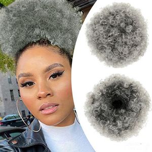 Natural Puff grey Drawstring Ponytail Extension for Black Women Ombre Gray Short afro real Hair Ponytails Bun Clip In Kinky Curly hairpiece