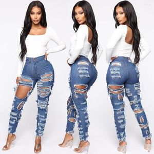 Women's Jeans FNOCE 2022 Women's Ripped Pants Young Fashion Trends High Waist Hole Hollow Out Tight Slim Denim Pancil Trousers