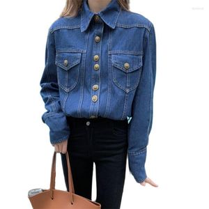 Women's Jackets Blue Denim Women Jacket Long Sleeves Single Breast French Fashion Lady