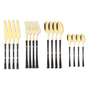 Dinnerware Sets 16pcs Black Knife Fork Tea Spoon Silverware Set Stainless Steel Cutlery Imitation Wooden Handle Kitchen Tableware