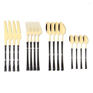 Conjuntos de utensílios de jantar 16pcs faca preta faca colher de chá de talheres de talheres de aço inoxidável imitação de madeira maçaneta de madeira mesa de mesa de cozinha