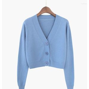 Maglieria da donna T-shirt da donna 2022 Simmer Cardigan corto lavorato a maglia da donna Maglione corto coreano Manica lunga da donna Scollo a V Verde Blu Ritagliata