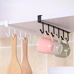 Hooks Rails Iron 6 Hooks Storage Shelf Wardrobe Cabinet Metal Under Shees Mug Cup Hanger Bathroom Kitchen Organizer Hanging Rack H Dhhui