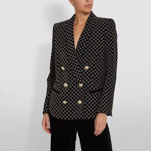 Kvinnors kostymer av hög kvalitet 2022 Baroques Designer Blazer Jacket Women's Double Breasted Lion Buttons Shimmer Plaid Shawl Collar Velvet Velvet