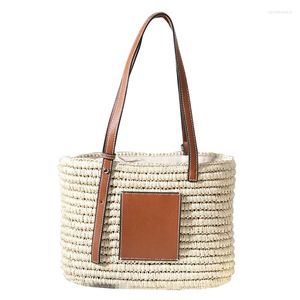 Shopping Bags Women Summer Beach Woven Straw Handbag With Adjustable Faux Leather Handle Large Single Shoulder Tote Bag Drawstring Basket