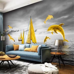 壁紙カスタム3D壁画ゴールドセーリングシップリビングルームのためのイルカオーシャングレーの壁紙