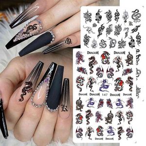 10pc Dragon Nail Stickers Decals Black Snake Tattoo Transfer Foil D Lime Wraps Manicure Sliders Nail Art Decorations Treb145 Y205D