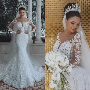 Elegant Beaded Lace Mermaid Wedding Dress with Long Sleeves and Sheer Tulle Appliques