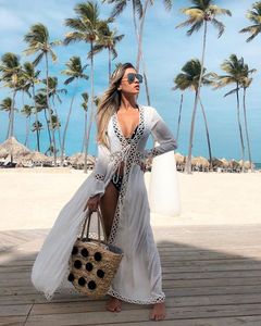 Kvinnors badkl￤der Kvinnor Melphieer 2022 Cotton White Beach Dress Long Cover Up Woman Bikini Tunic Pareos Robe Plage Beachwear Outfit