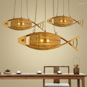 Pendant Lamps Bamboo Fish-Shaped Chandelier Restaurant Pot Wooden Artwork Southeast Asia Decorative